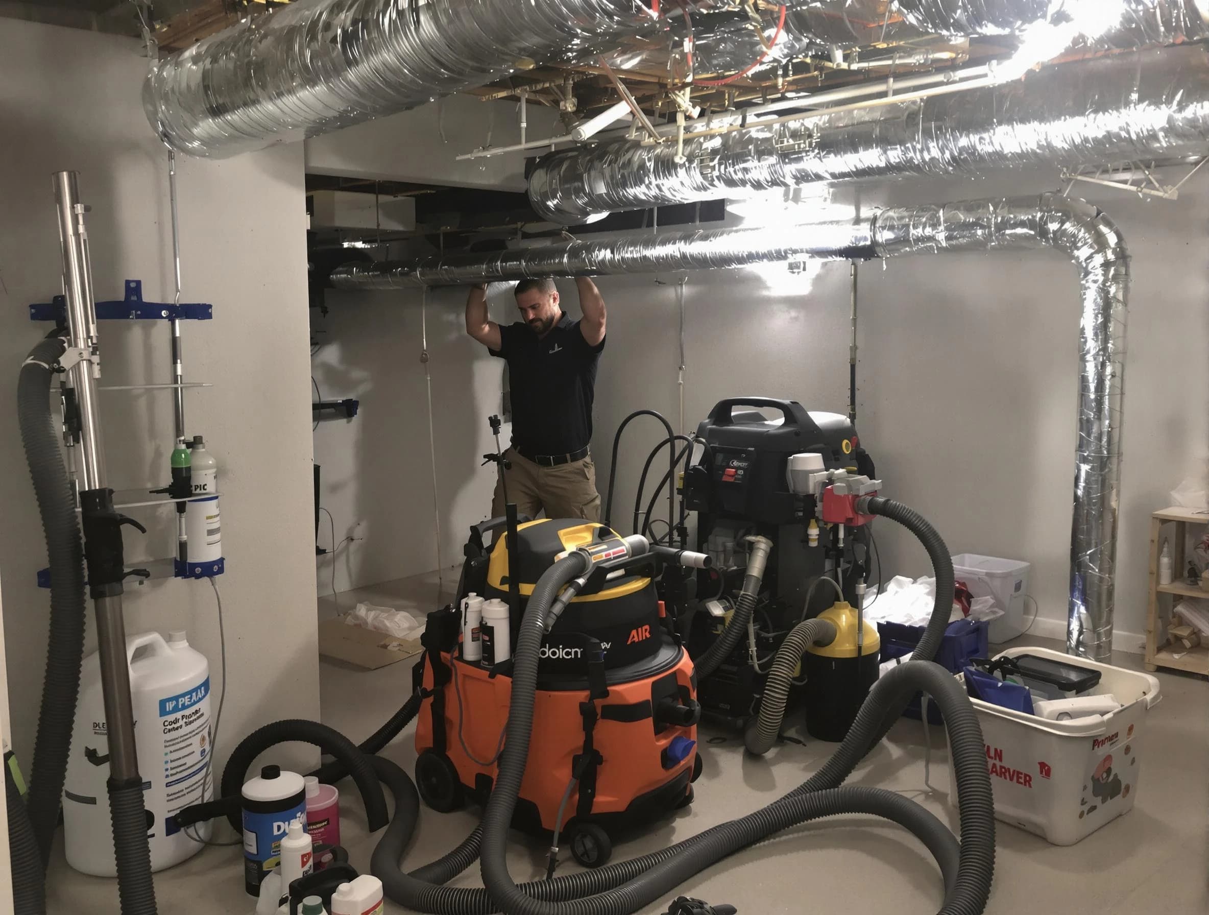 Oneonta Air Duct Cleaning specialist performing professional mold removal from air ducts using safety equipment in Oneonta
